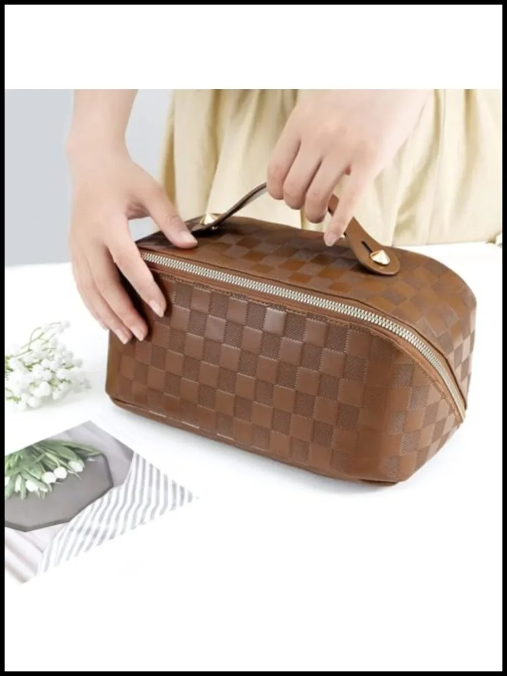 Large Capacity Travel Cosmetic Bag - Waterproof PU Leather Checkered Makeup